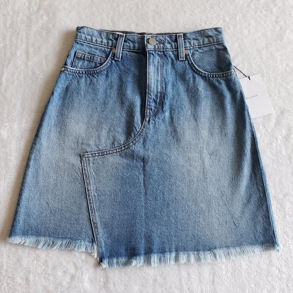 BLDWN Andie Asymmetric Frayed A Line Blue Denim Skirt SZ 24 - Picture 6 of 15